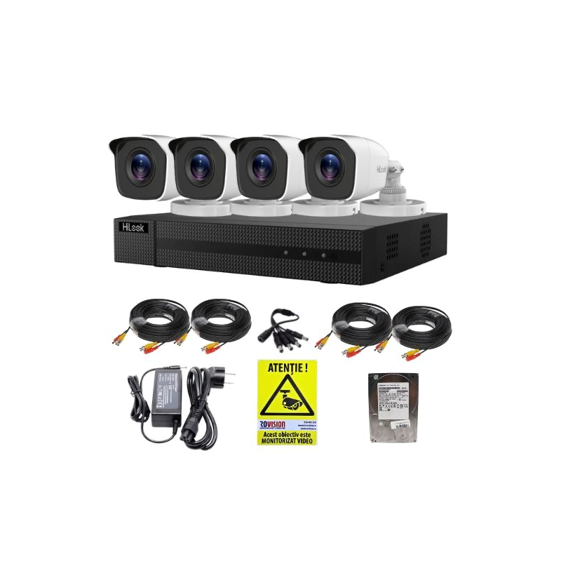 Sistem supraveghere HiLook 4 camere exterior Full HD 2MP infrarosu 20m IP66, DVR 4 canale 2MP, accesorii, HDD 500GB